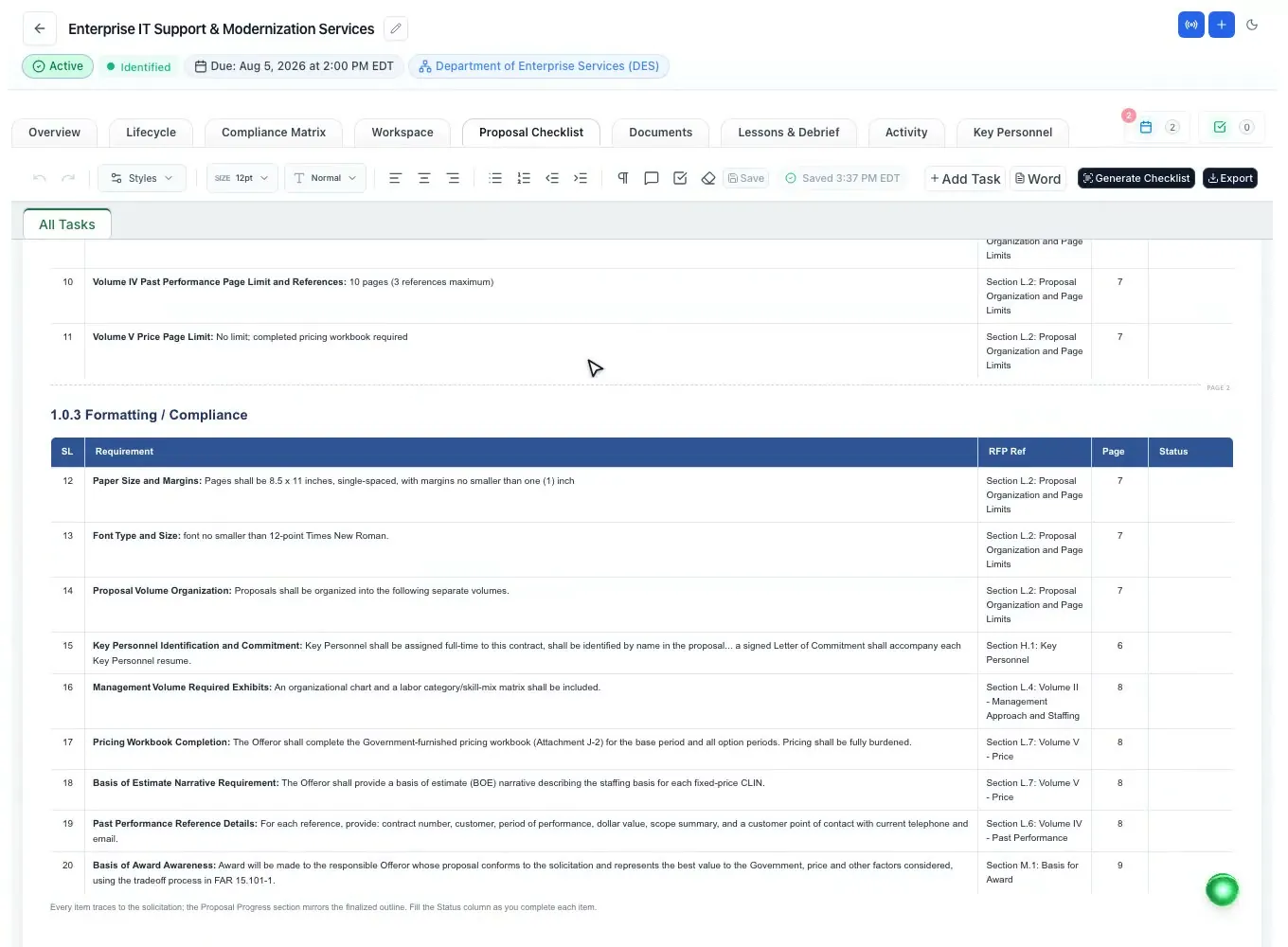 An AI-generated submission checklist and deadline reminders in ProposalWorkspace