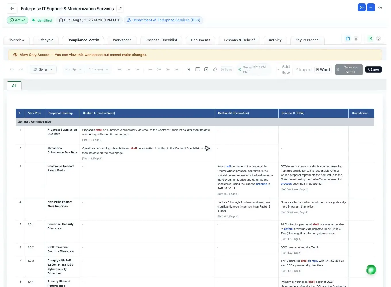 A compliance matrix generated from the RFP, with page references in ProposalWorkspace