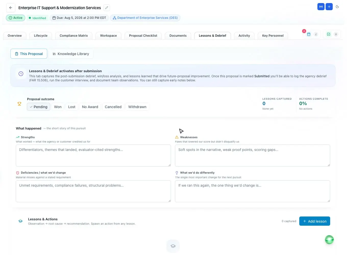 The Lessons and Debrief tab with a FAR 15.506 clock in ProposalWorkspace