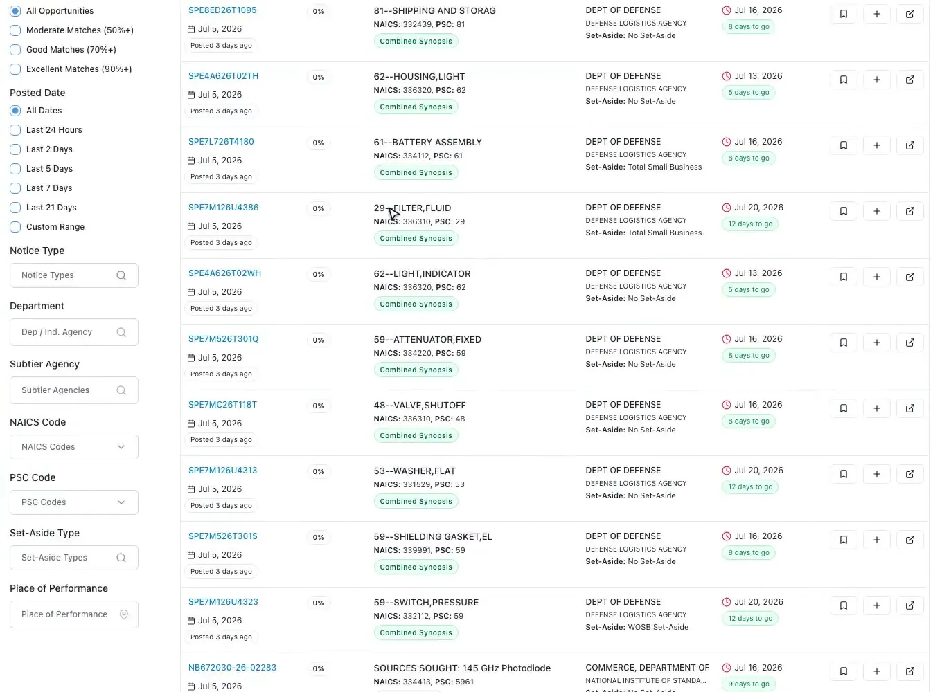 NAICS and PSC tree filters with a match score in ProposalWorkspace
