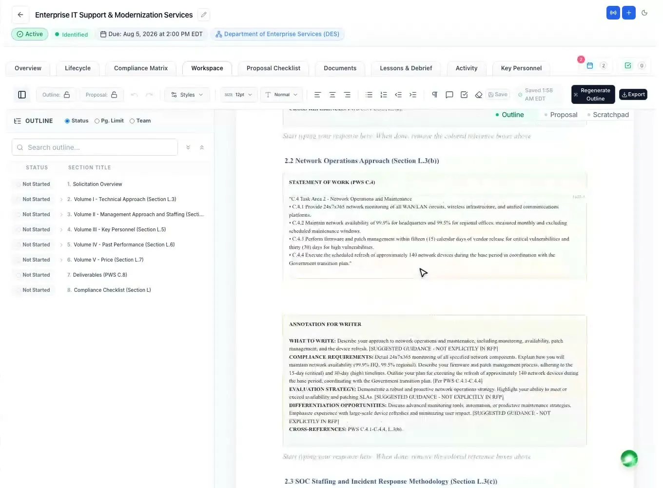 An annotated outline generated from Sections L, M and the SOW in ProposalWorkspace