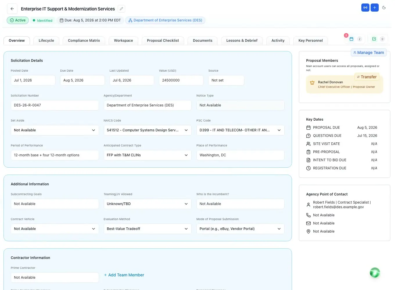 Pre-award pursuits with a drafted capability statement in ProposalWorkspace